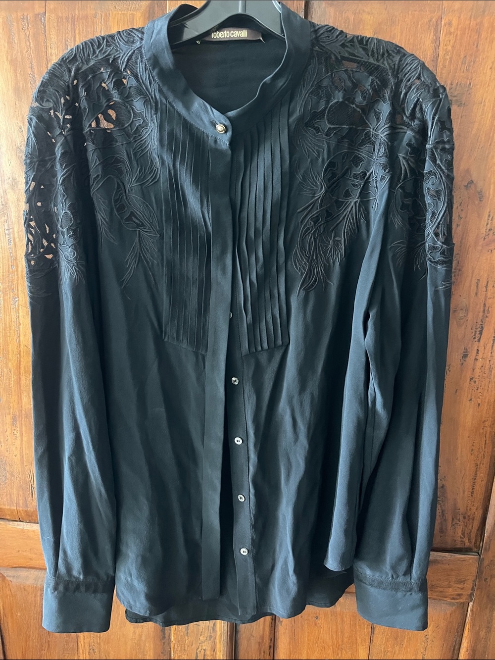 Roberto Cavalli 100% silk detailed Black Pleated / embroidered detail blouse .